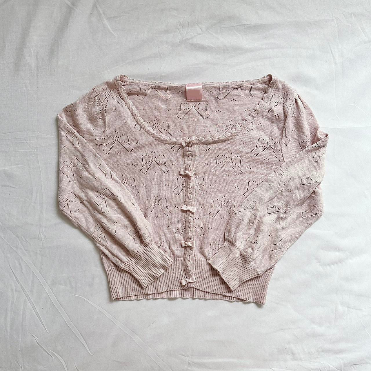 pinkish purple ribbon pattern knit cropped cardigan from japan ♡