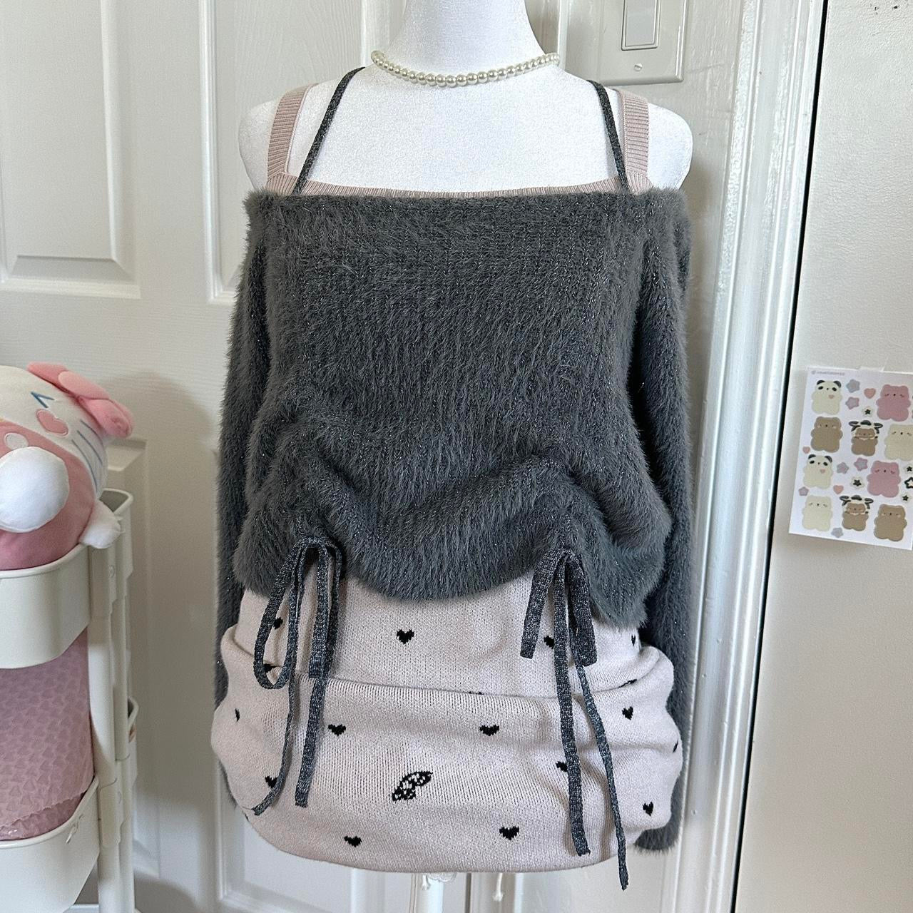japanese dark grey fuzzy iridescent off the shoulders sweater ♡