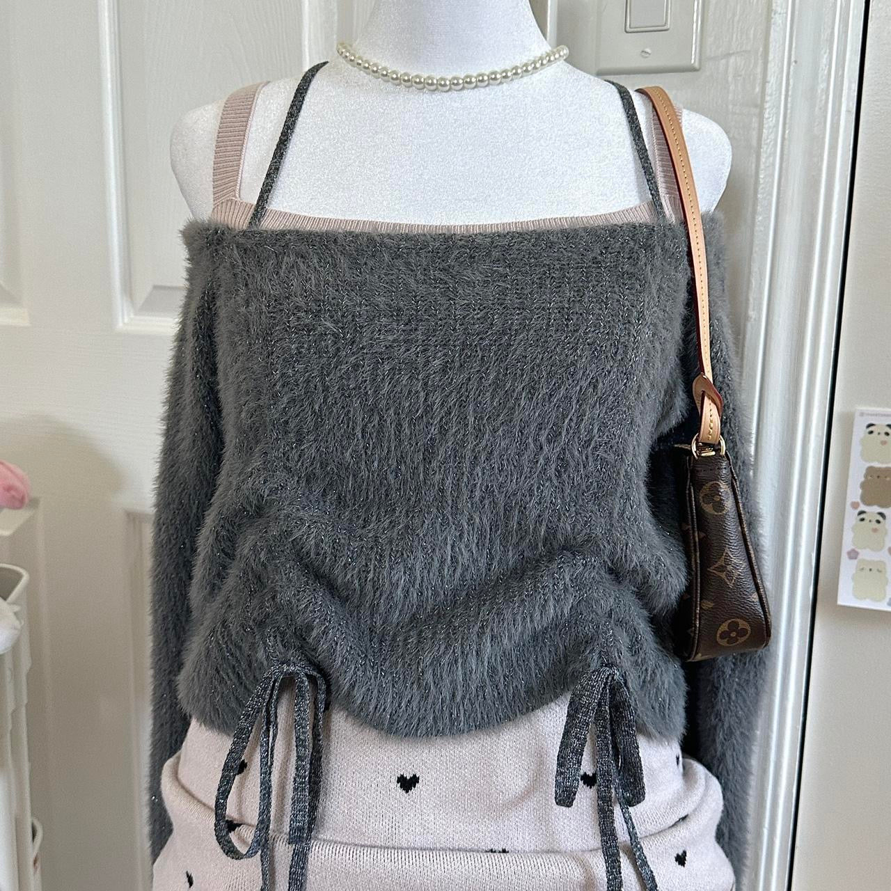 japanese dark grey fuzzy iridescent off the shoulders sweater ♡