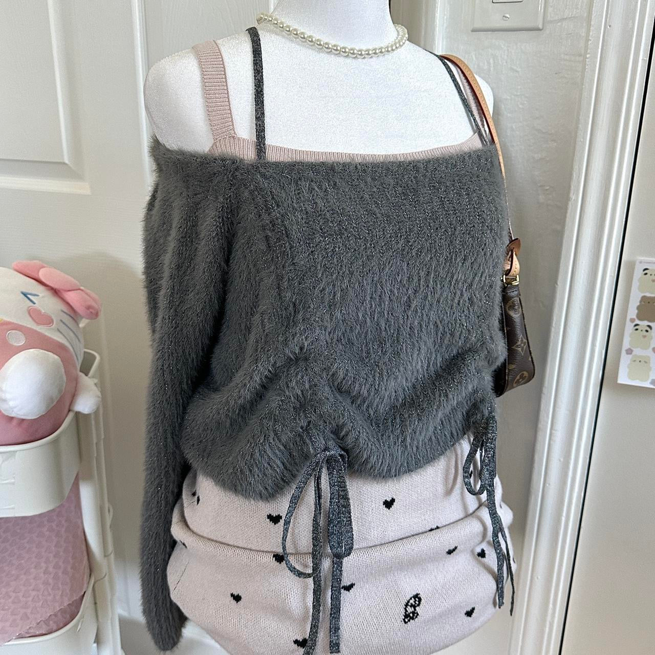 japanese dark grey fuzzy iridescent off the shoulders sweater ♡
