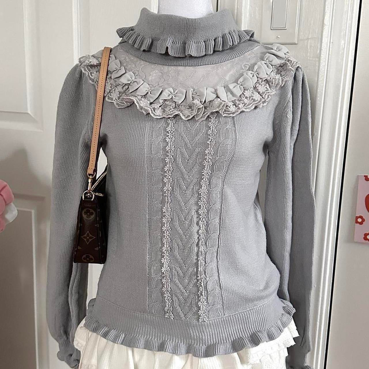 muted blue ribbed ruffled turtleneck sweater ♡