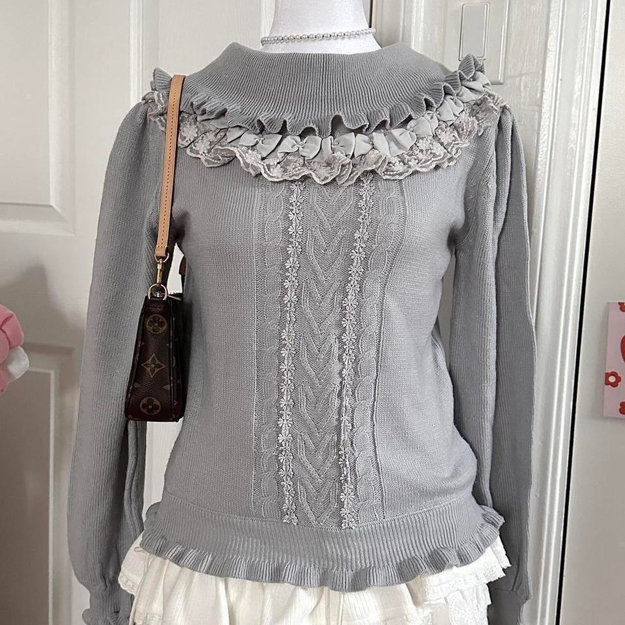 muted blue ribbed ruffled turtleneck sweater ♡