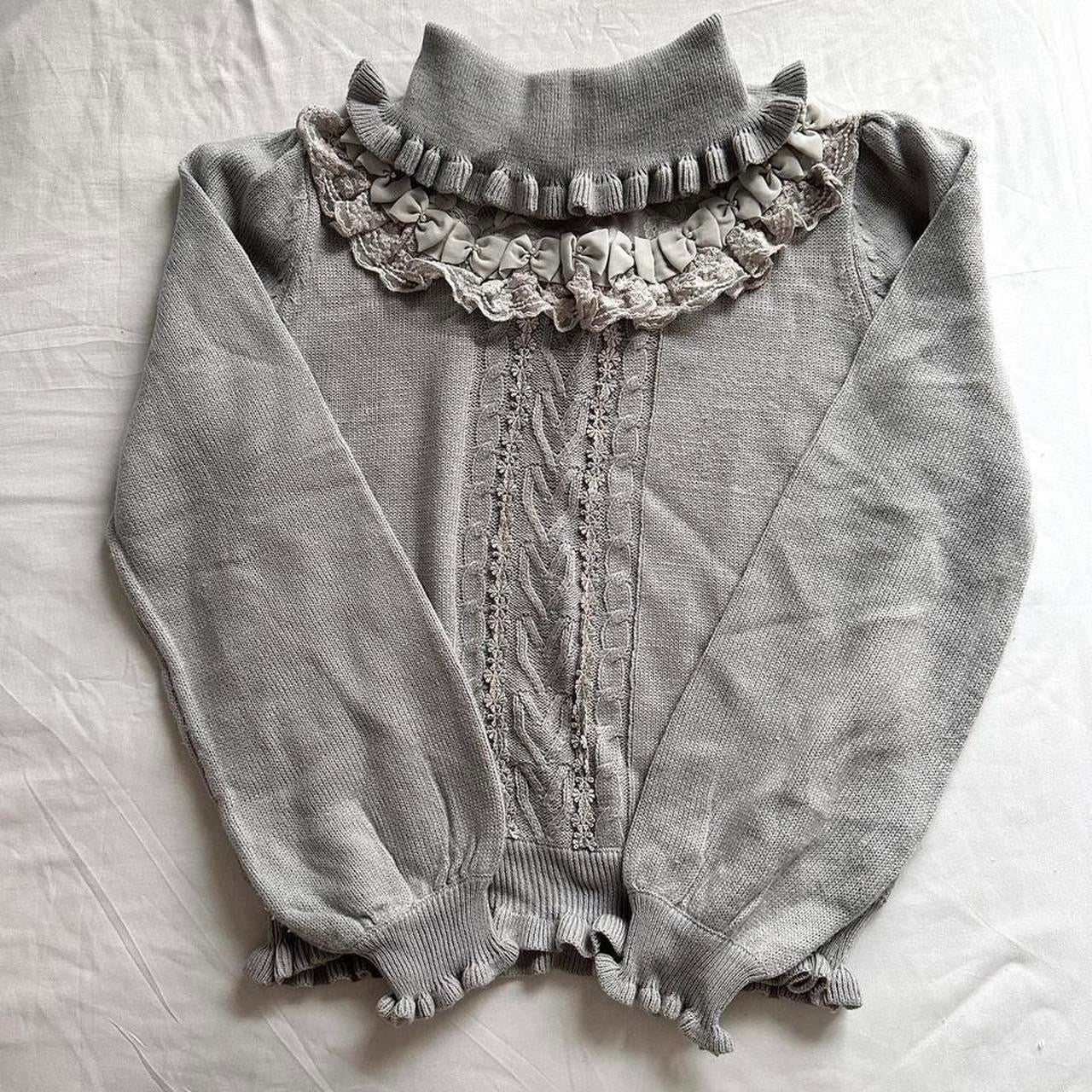 muted blue ribbed ruffled turtleneck sweater ♡