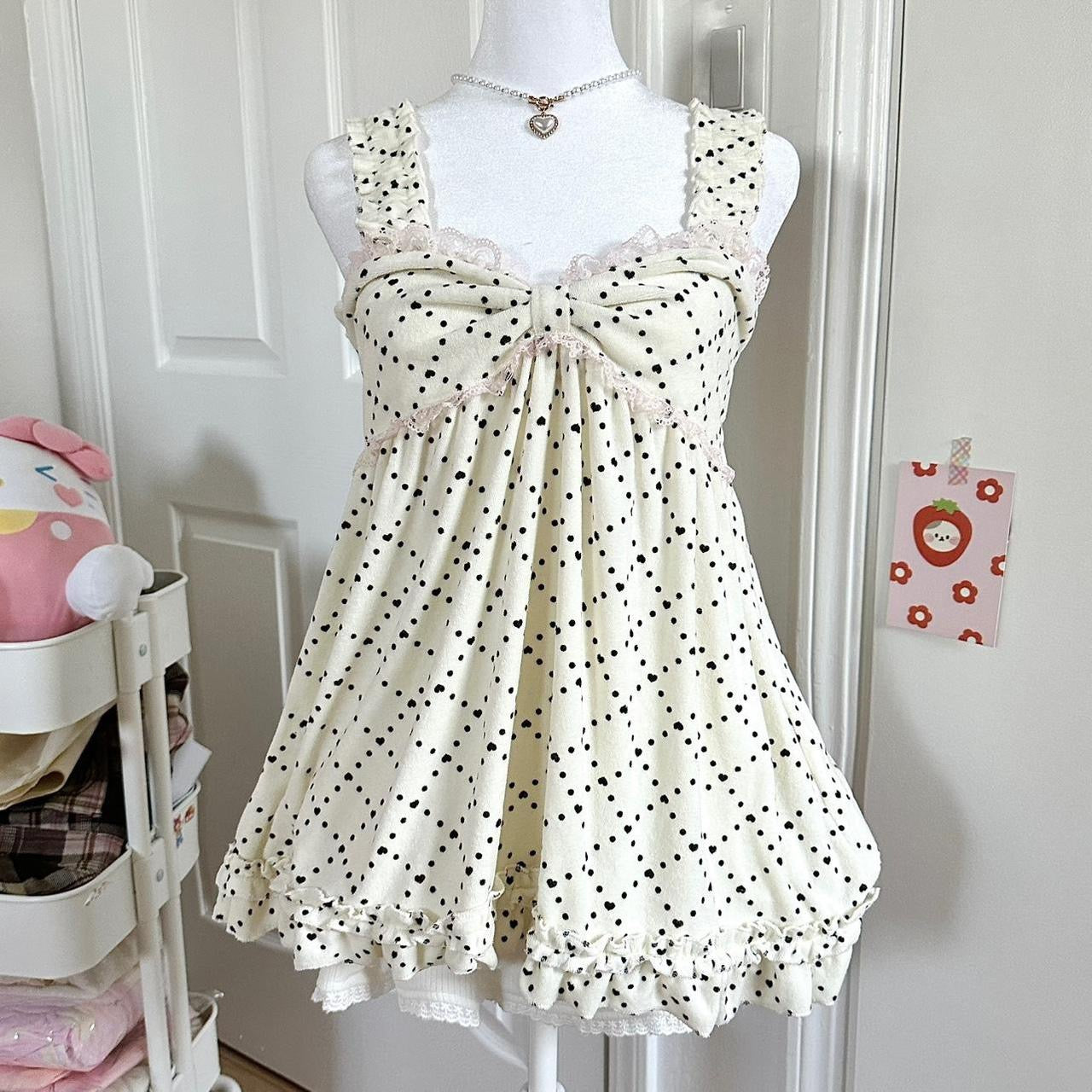 cream ribbon heart polkadot lace babydoll tank ⋆ ˚。⋆୨୧˚