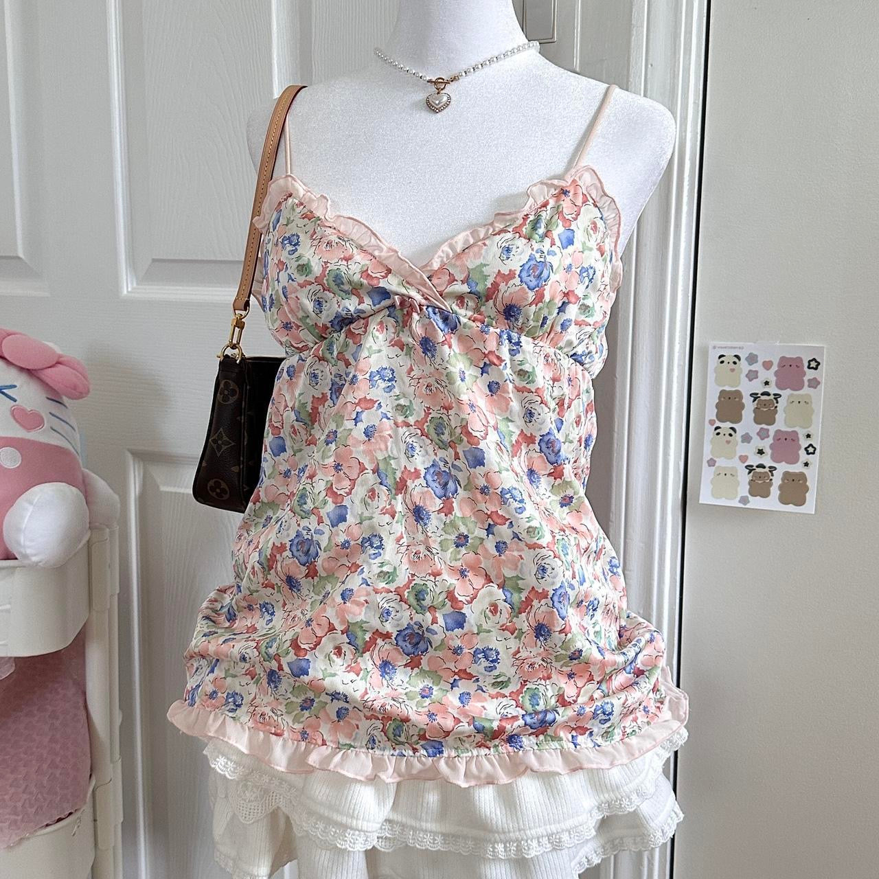 japanese floral silky ruffle camisole ♡