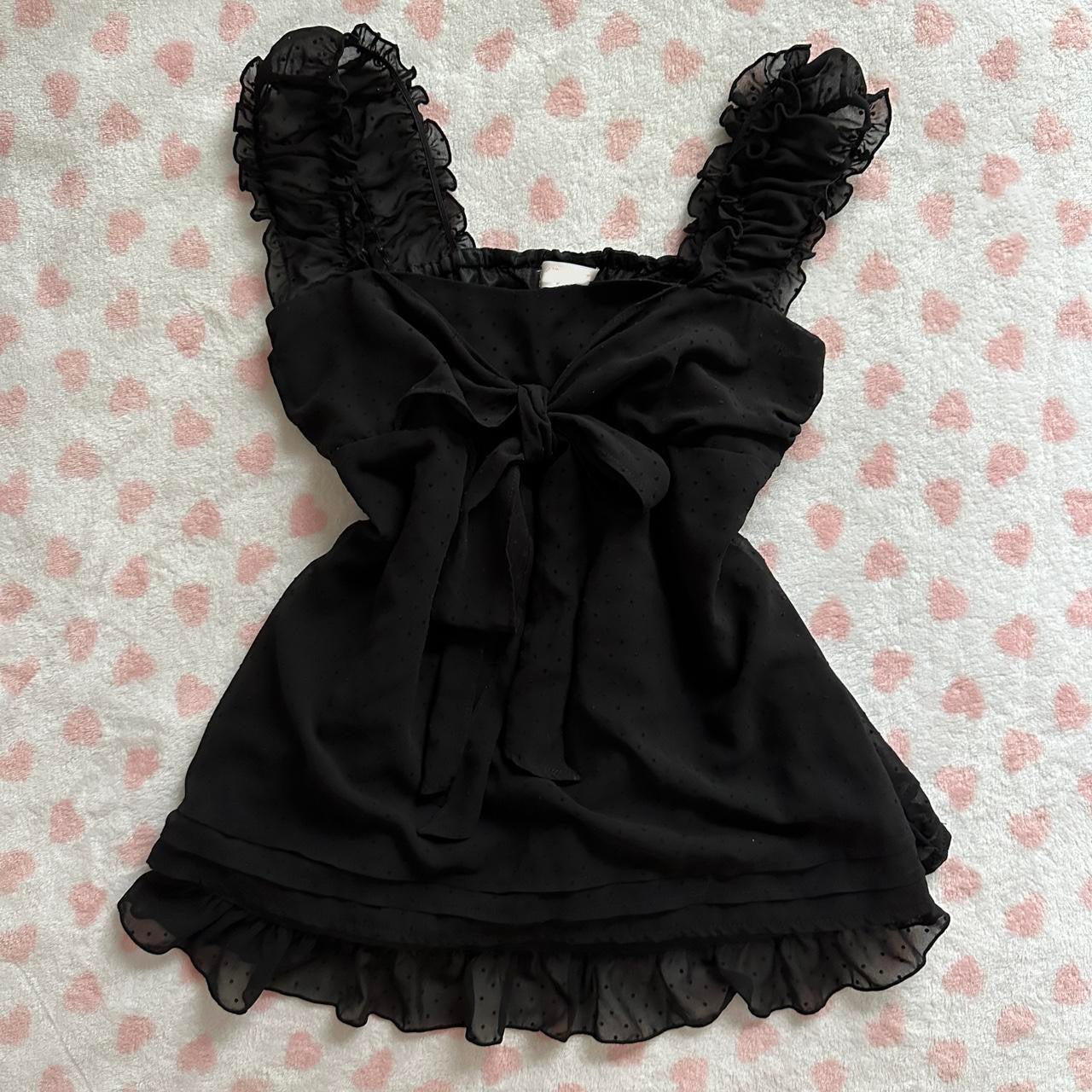 black silky ruffle ribbon polkadot cami top ☆