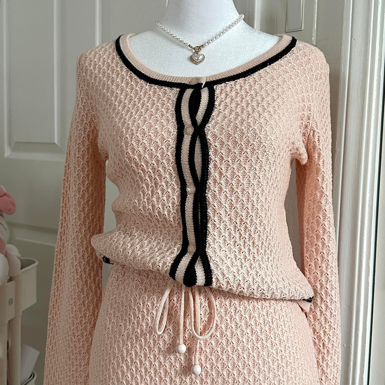 pink iridescent knitted cardigan & skirt set ☆