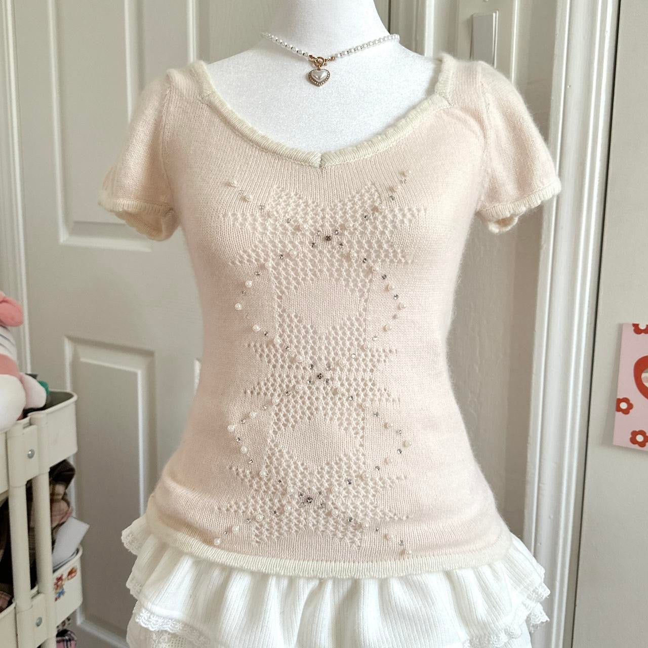 light pink & cream snowflake angora top ⋆ ˚。⋆୨୧˚