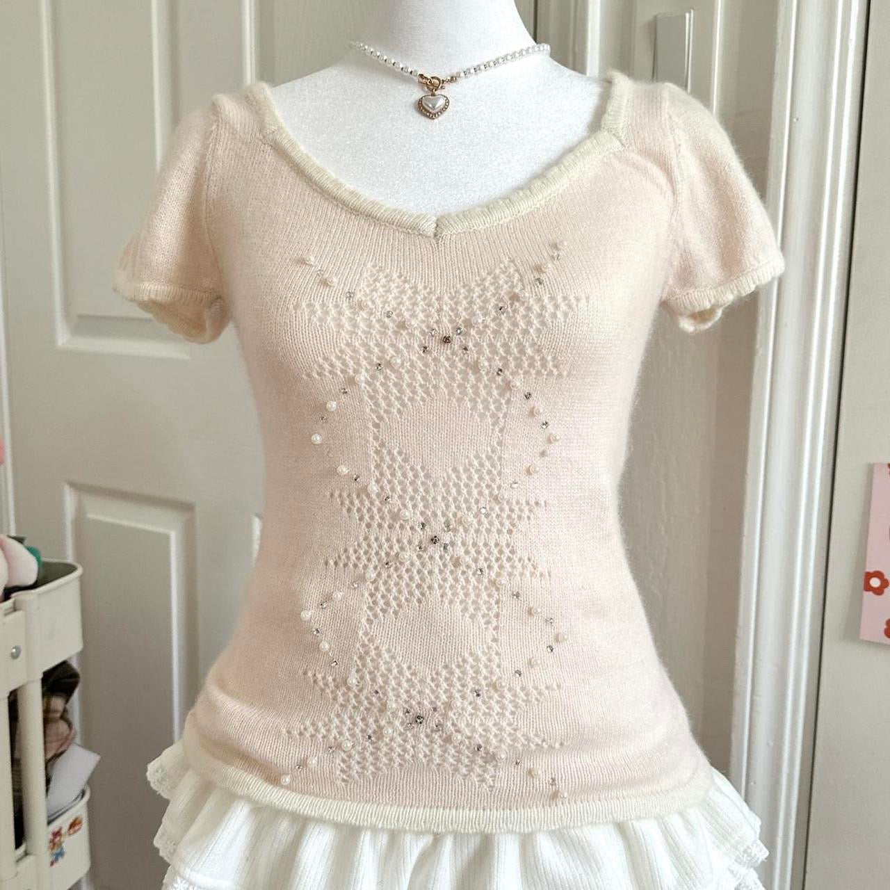 light pink & cream snowflake angora top ⋆ ˚。⋆୨୧˚