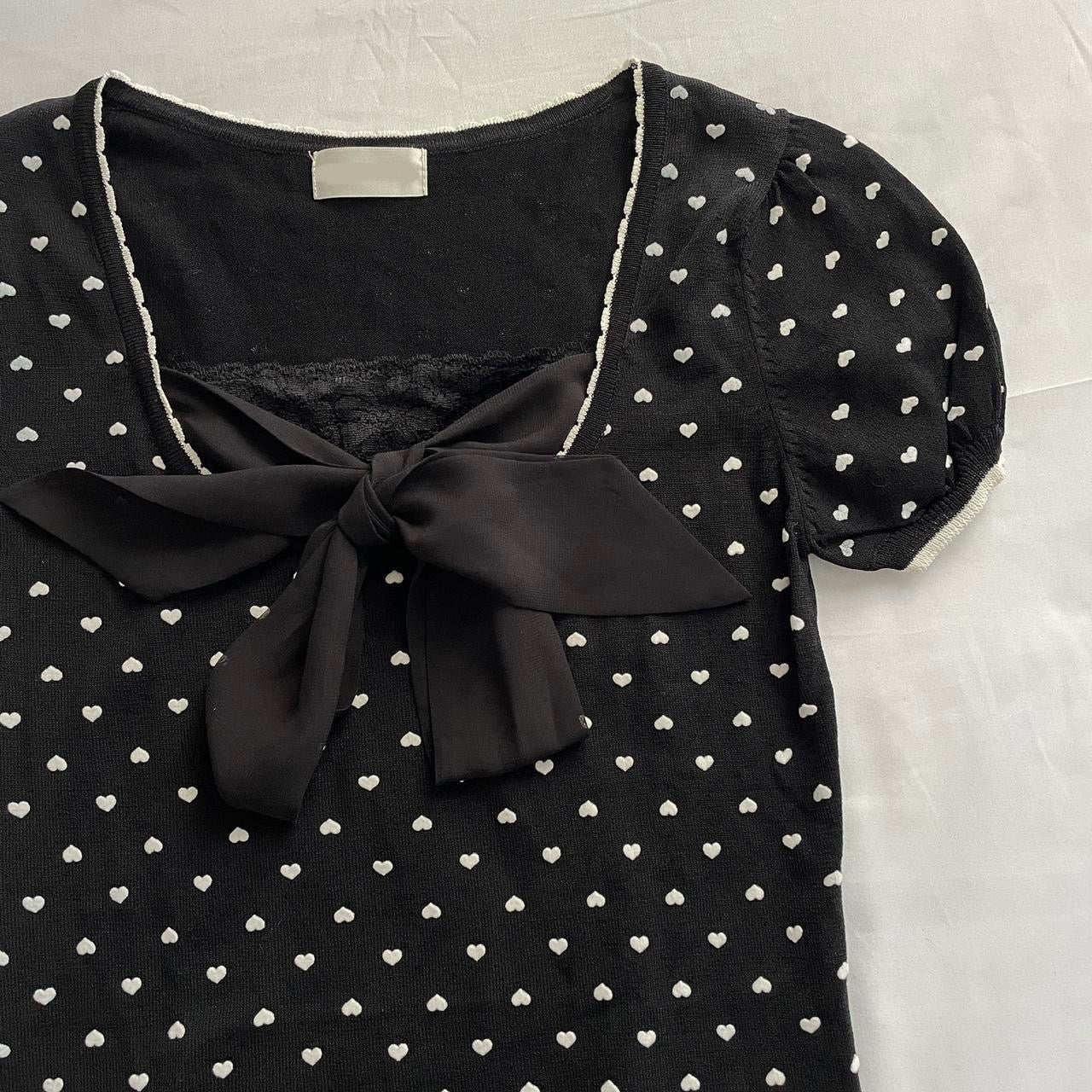 black puffy sleeve ribbon milkmaid top w heart pattern & lace from japan ᵔ·͈༝·͈ᵔ