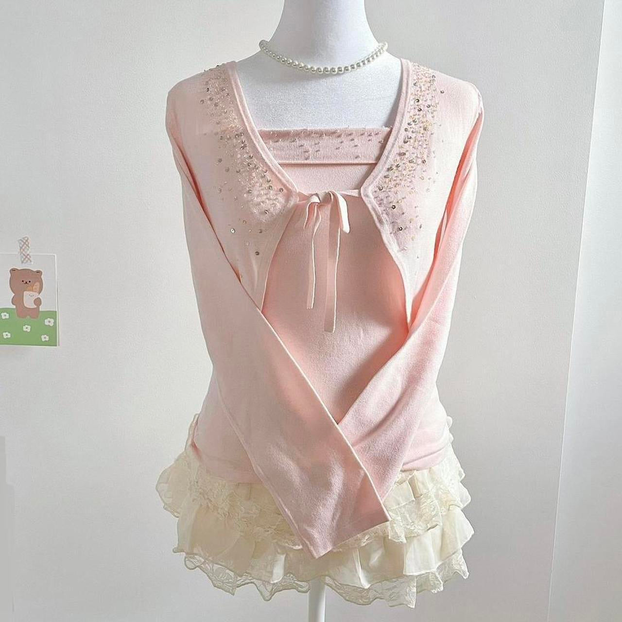 light pink iridescent tube top & bolero cardigan set ♡