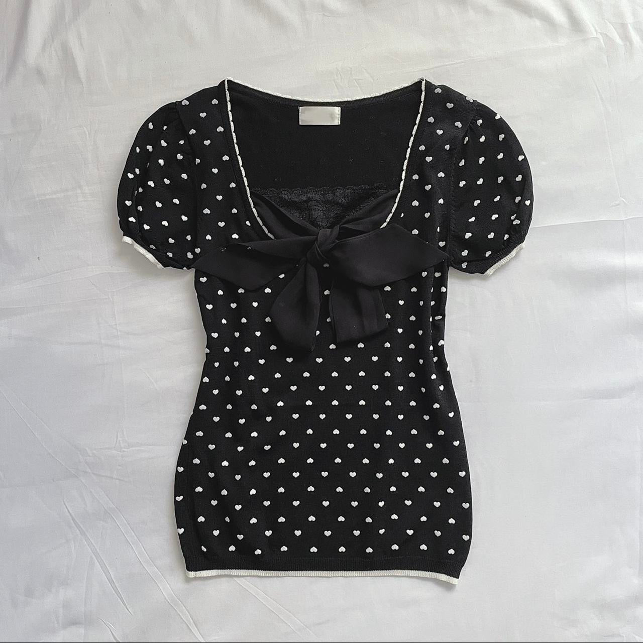 black puffy sleeve ribbon milkmaid top w heart pattern & lace from japan ᵔ·͈༝·͈ᵔ