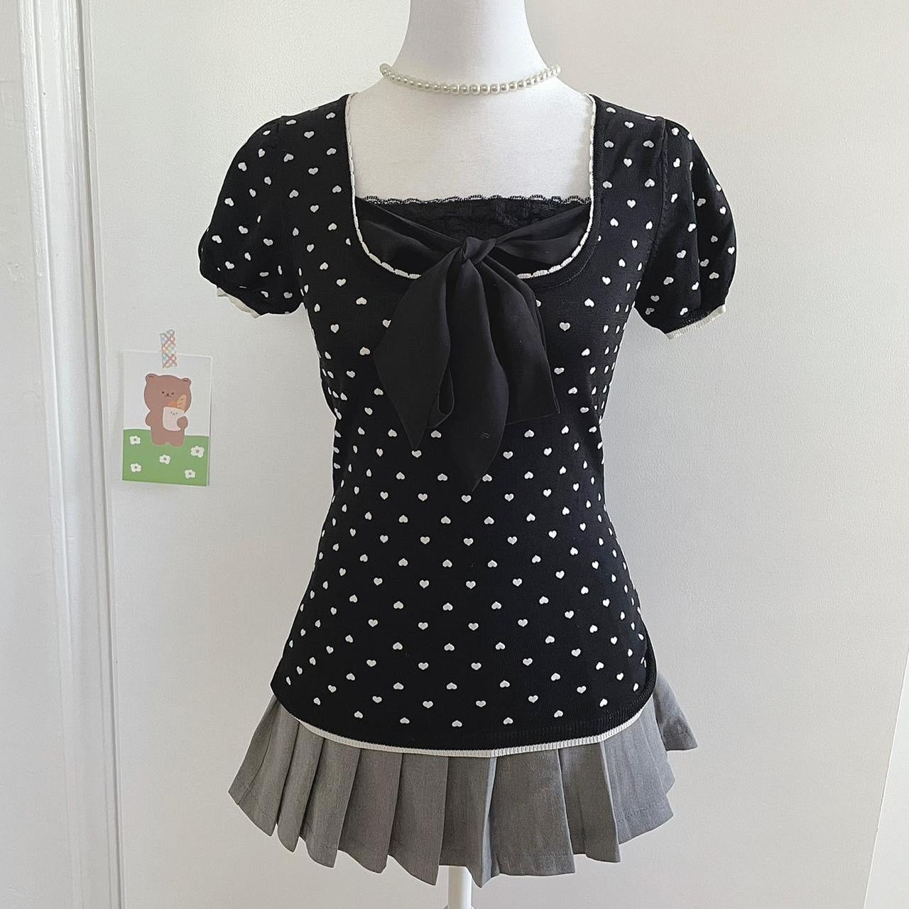 black puffy sleeve ribbon milkmaid top w heart pattern & lace from japan ᵔ·͈༝·͈ᵔ