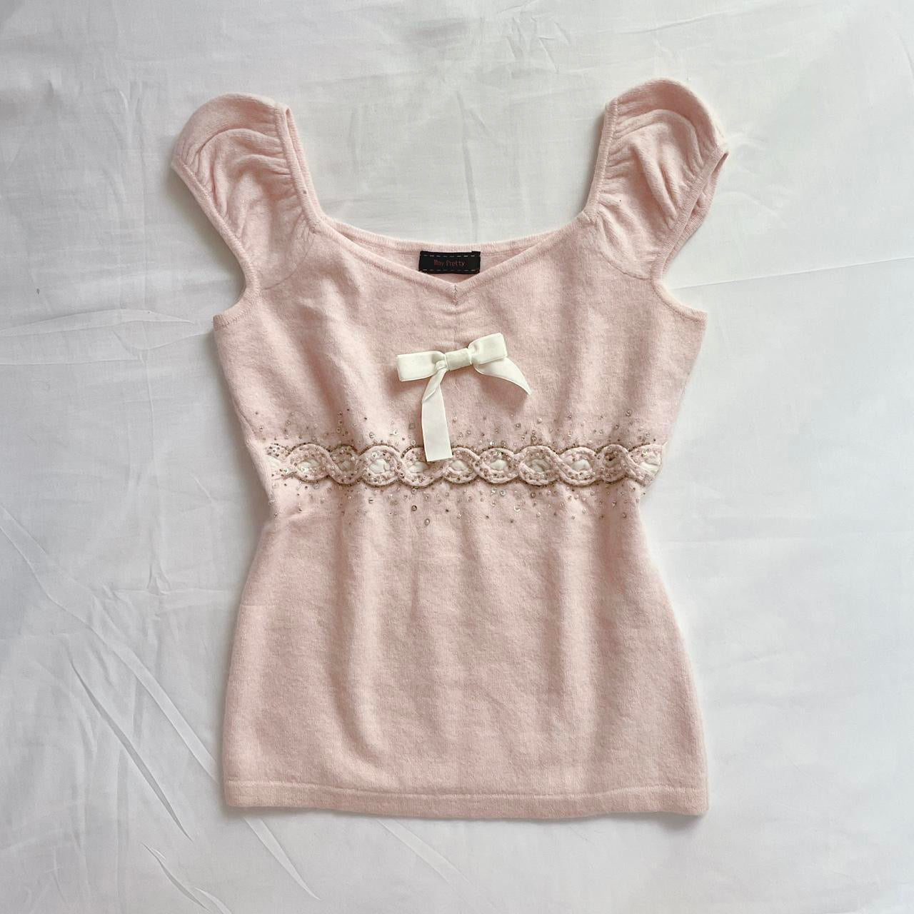 japanese pink puff sleeve bow angora cami top ♡