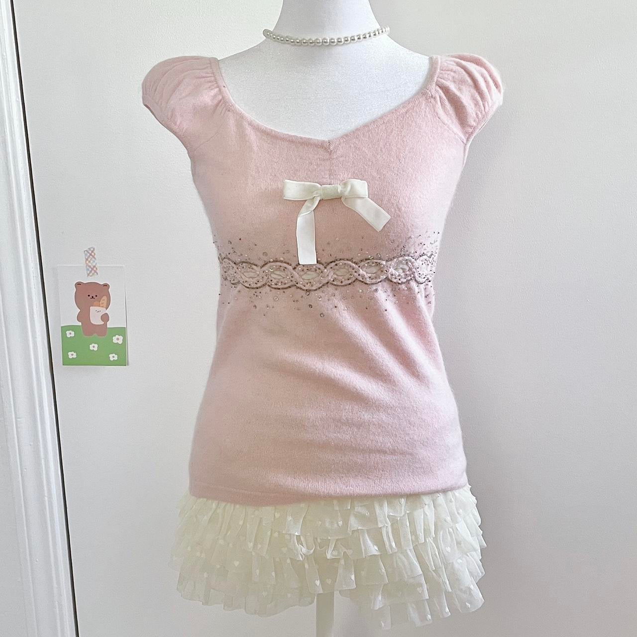 japanese pink puff sleeve bow angora cami top ♡