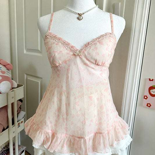 light pink silky lace ribbon hearts camisole set ☆