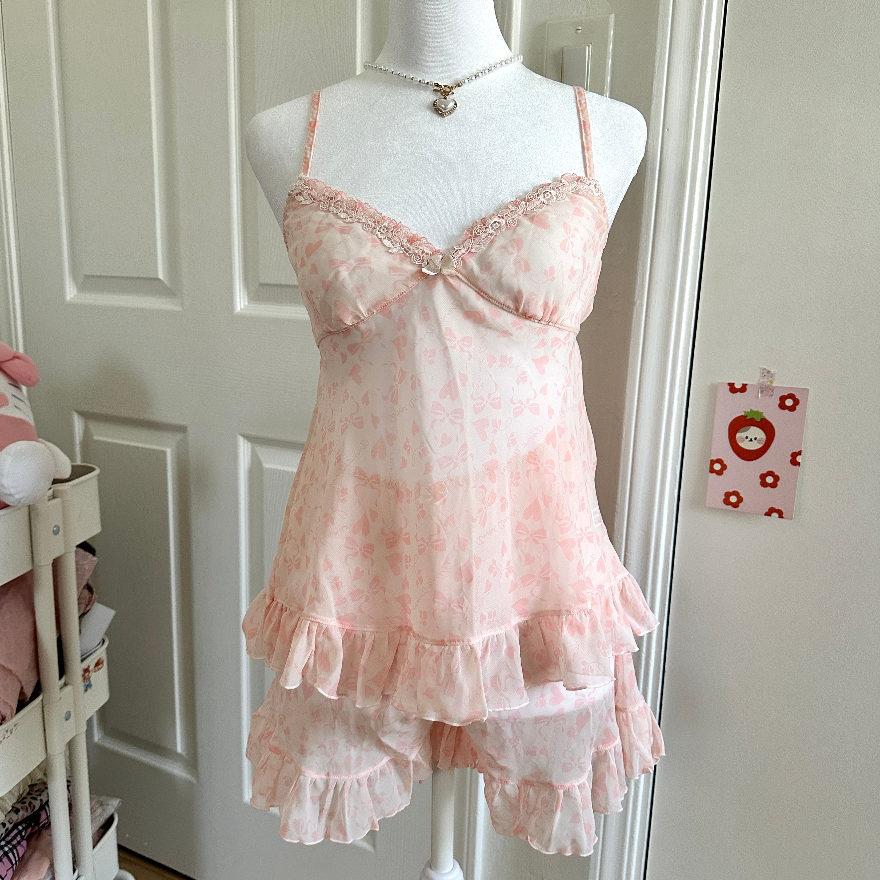 light pink silky lace ribbon hearts camisole set ☆