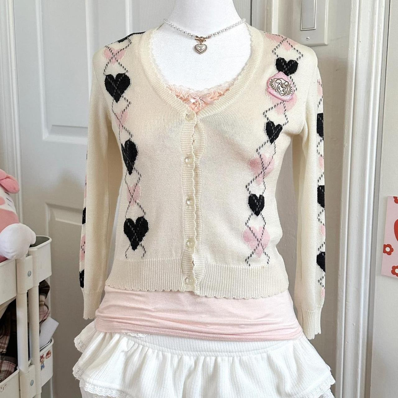 mezzo piano cream heart argyle cardigan ⋆ ˚｡⋆୨୧˚