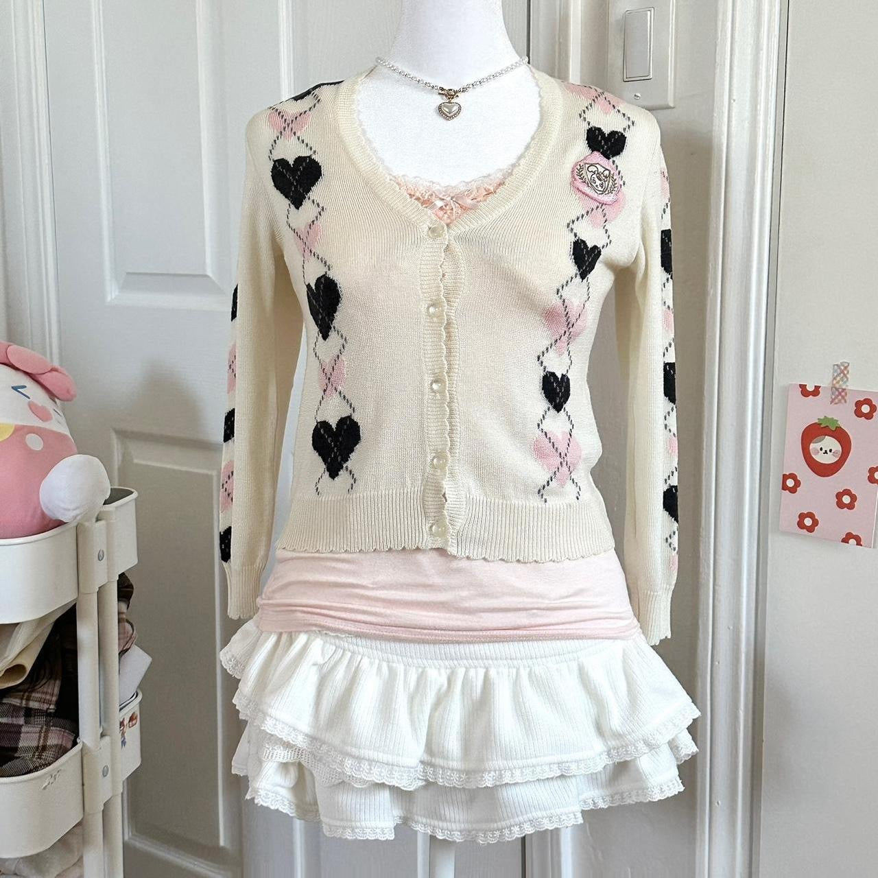 mezzo piano cream heart argyle cardigan ⋆ ˚｡⋆୨୧˚