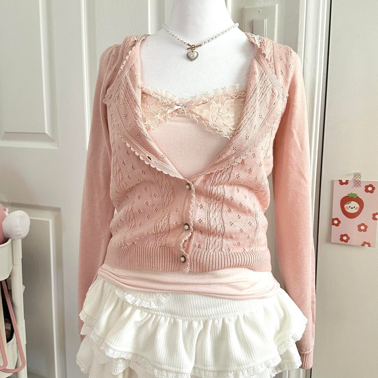 salmon pink ribbed eyelet knitted cardigan ⋆ ˚｡⋆୨୧˚