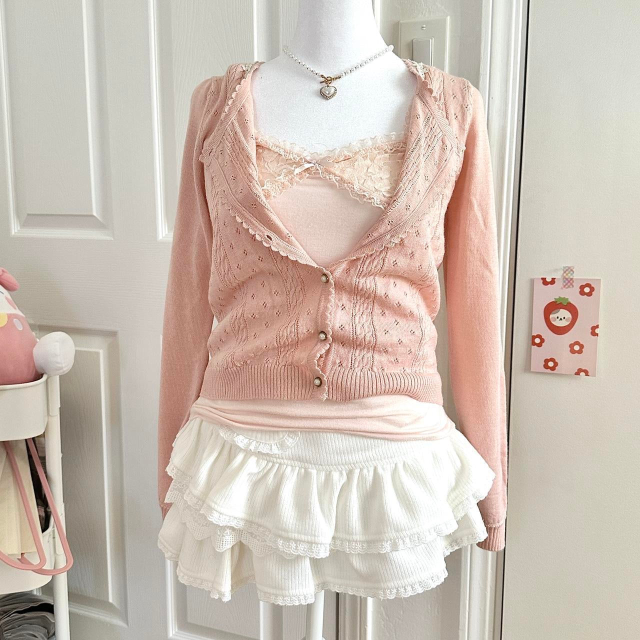 salmon pink ribbed eyelet knitted cardigan ⋆ ˚｡⋆୨୧˚