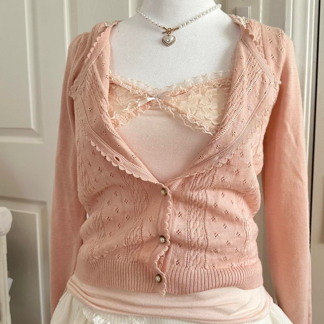 salmon pink ribbed eyelet knitted cardigan ⋆ ˚｡⋆୨୧˚