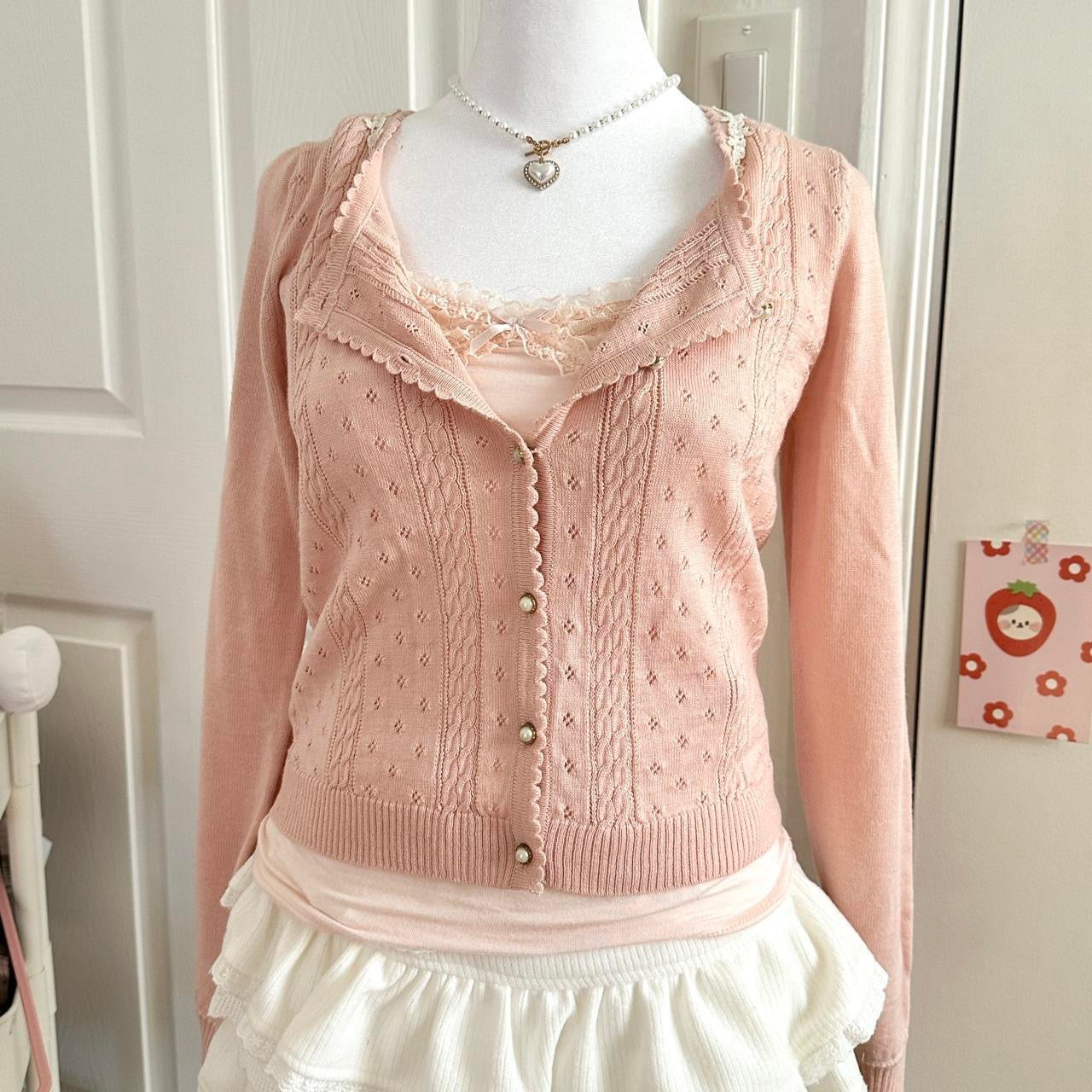 salmon pink ribbed eyelet knitted cardigan ⋆ ˚｡⋆୨୧˚