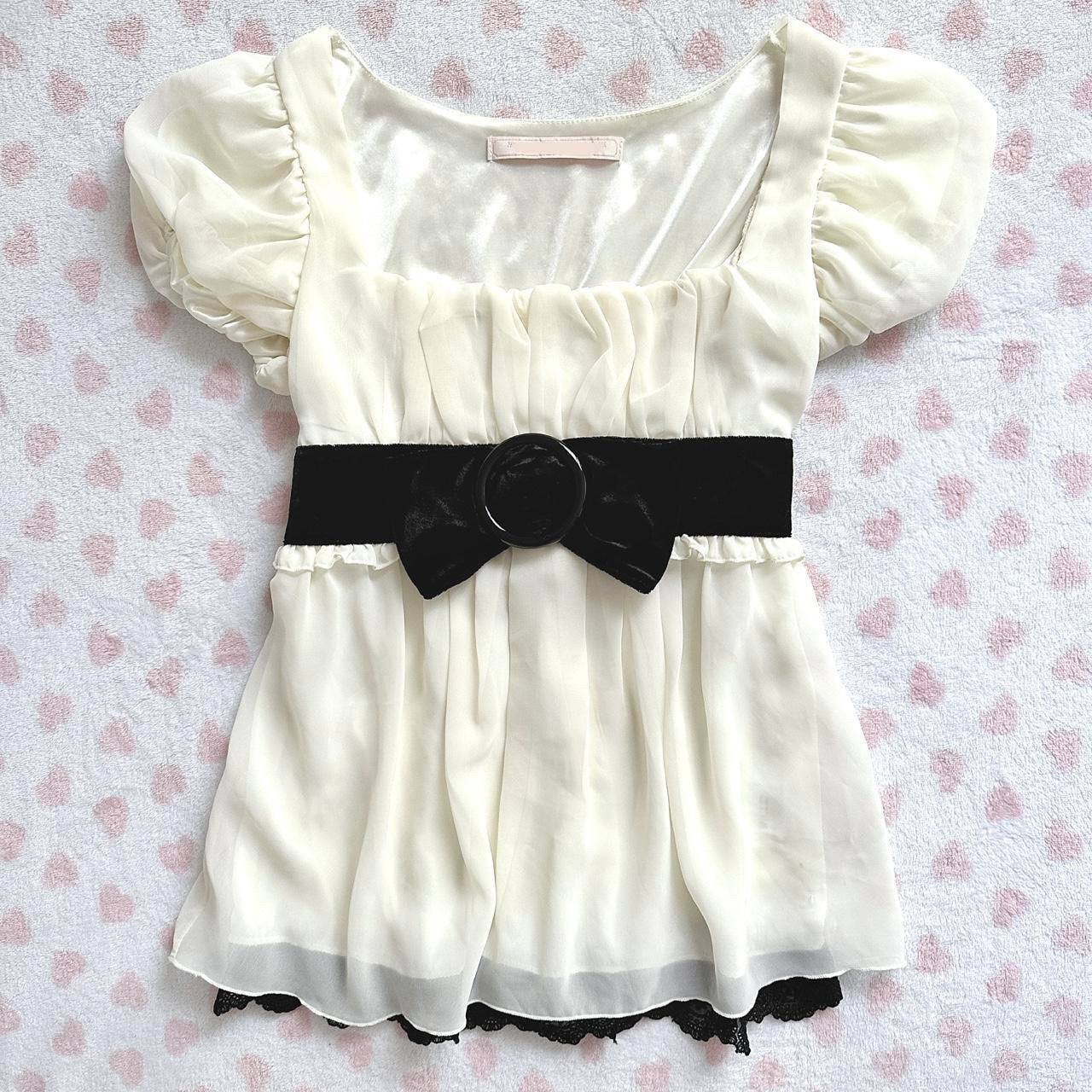 cream & black silky babydoll blouse top ⋆ ˚｡⋆୨୧˚