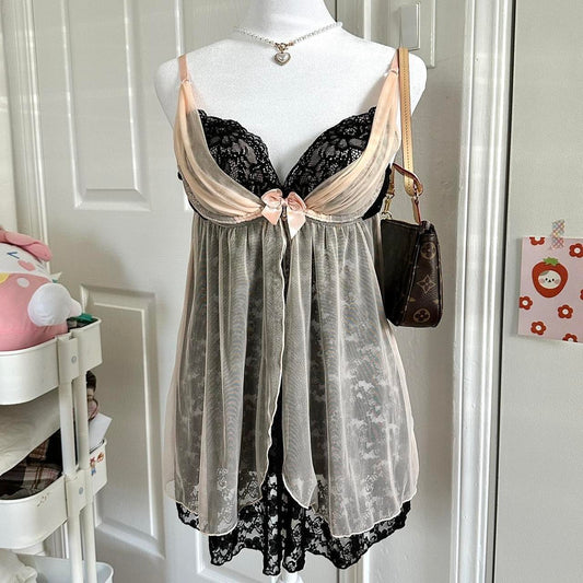 japanese pink & black lace babydoll lingerie camisole ⋆ ˚｡⋆୨୧˚