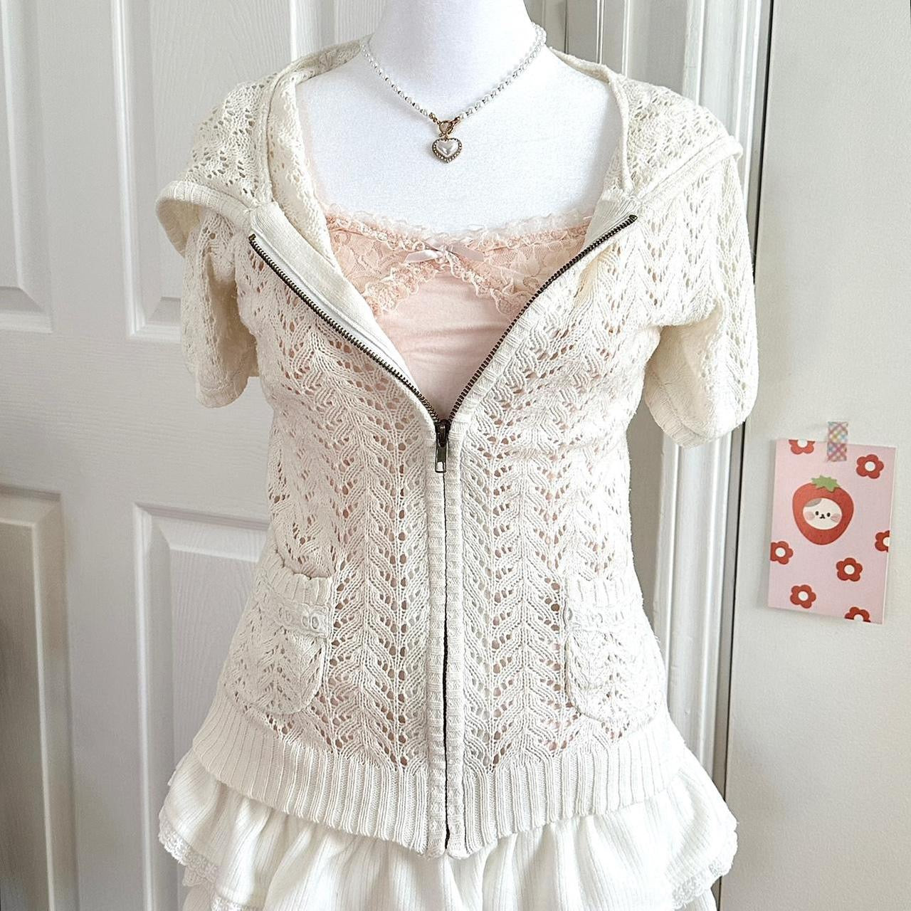 liz lisa off white eyelet knit zip up hoodie (∩˃o˂∩)♡