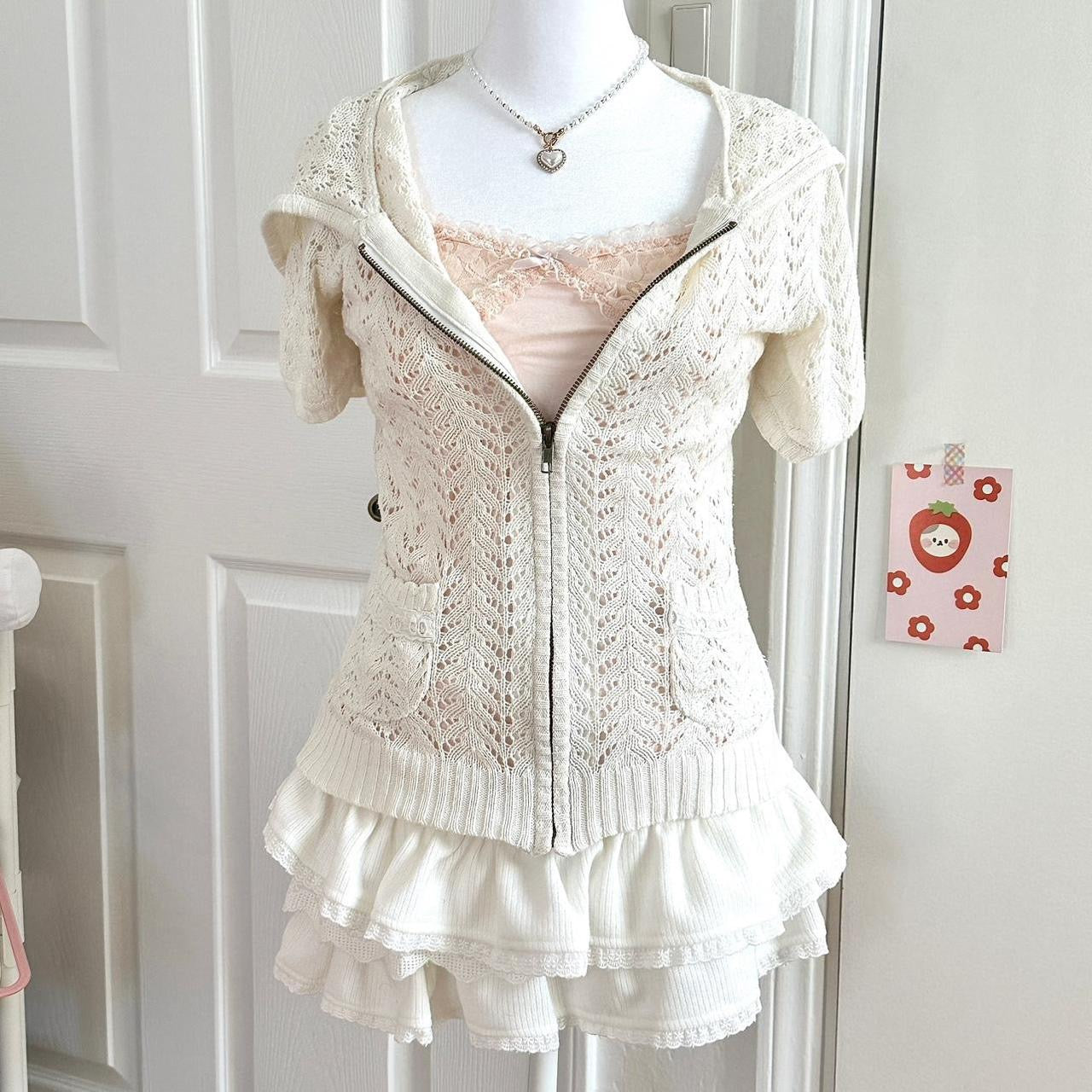 liz lisa off white eyelet knit zip up hoodie (∩˃o˂∩)♡