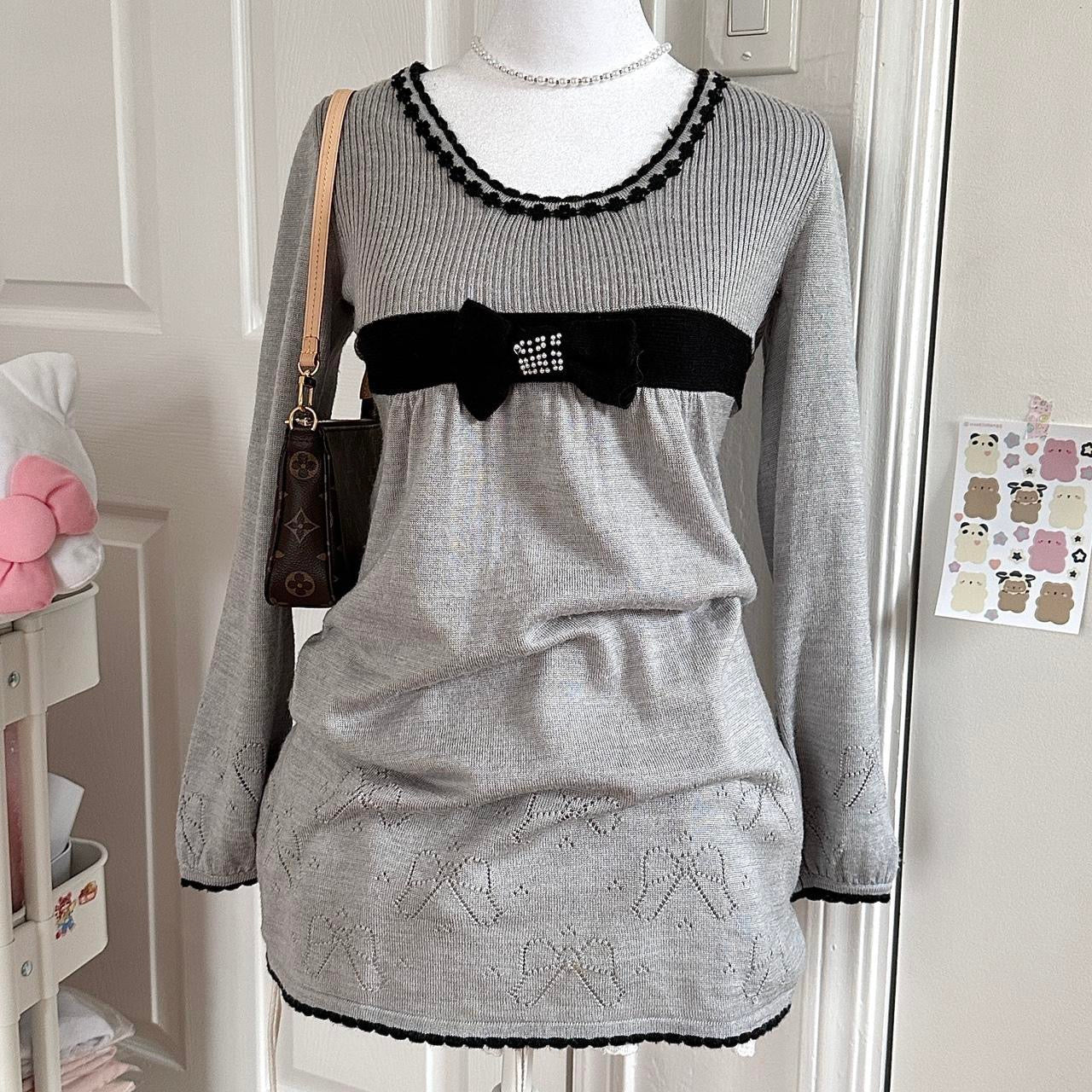 grey & black ribbon eyelet knitted longsleeve dress ♡