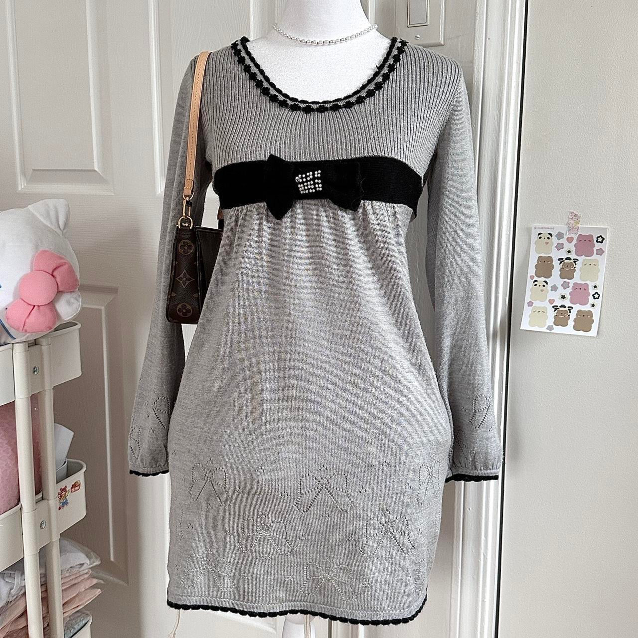 grey & black ribbon eyelet knitted longsleeve dress ♡