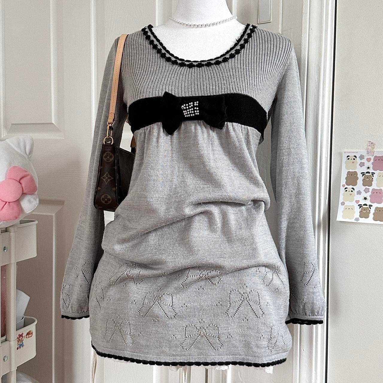 grey & black ribbon eyelet knitted longsleeve dress ♡