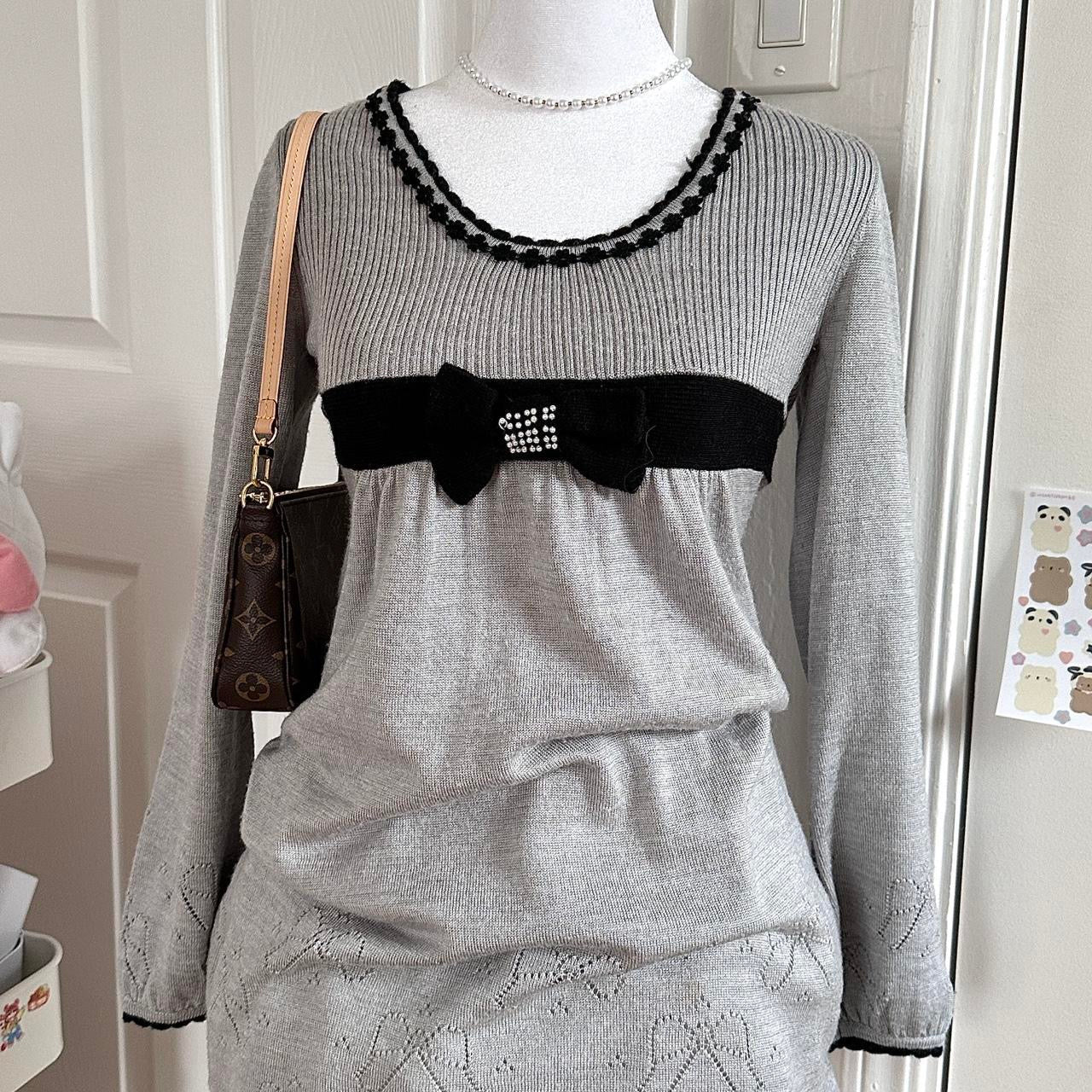 grey & black ribbon eyelet knitted longsleeve dress ♡