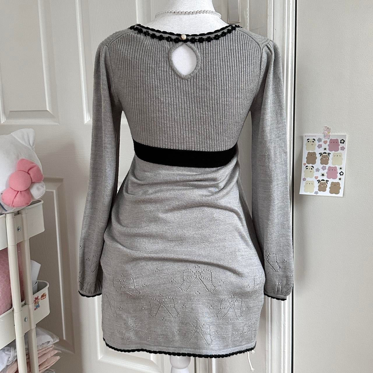 grey & black ribbon eyelet knitted longsleeve dress ♡