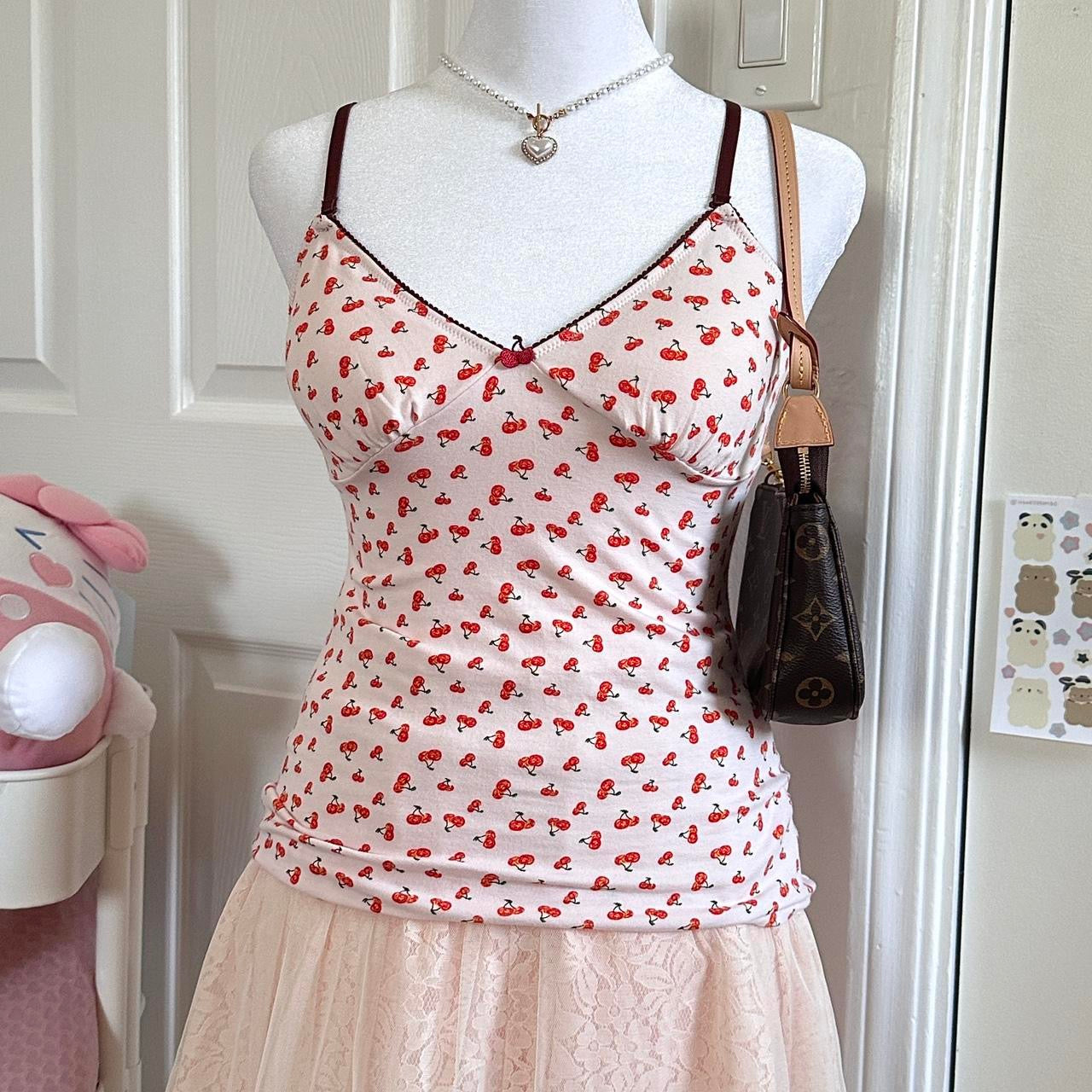 japanese pink & brown cherry print camisole ♡