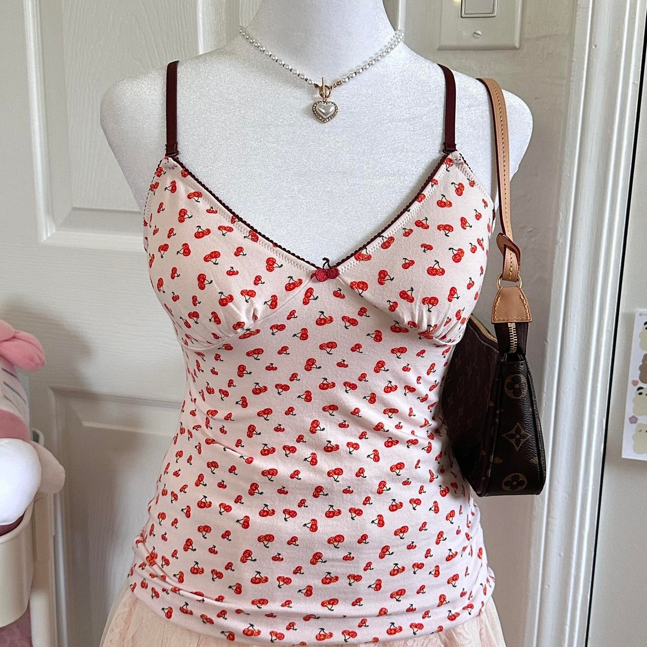 japanese pink & brown cherry print camisole ♡