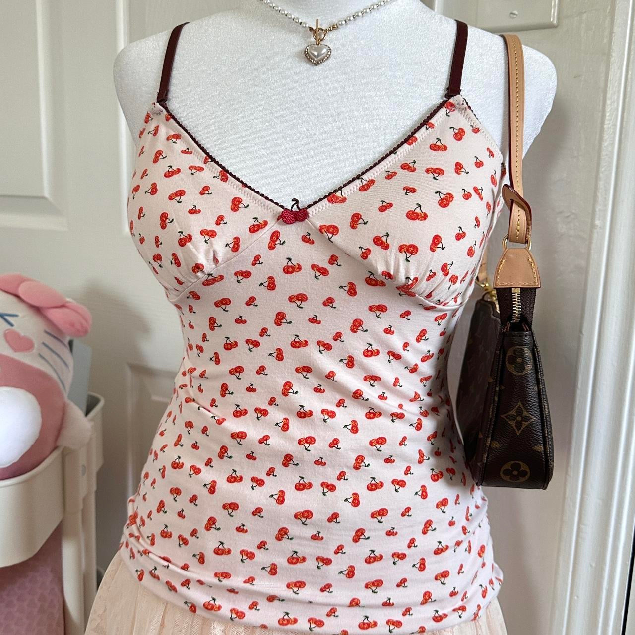 japanese pink & brown cherry print camisole ♡