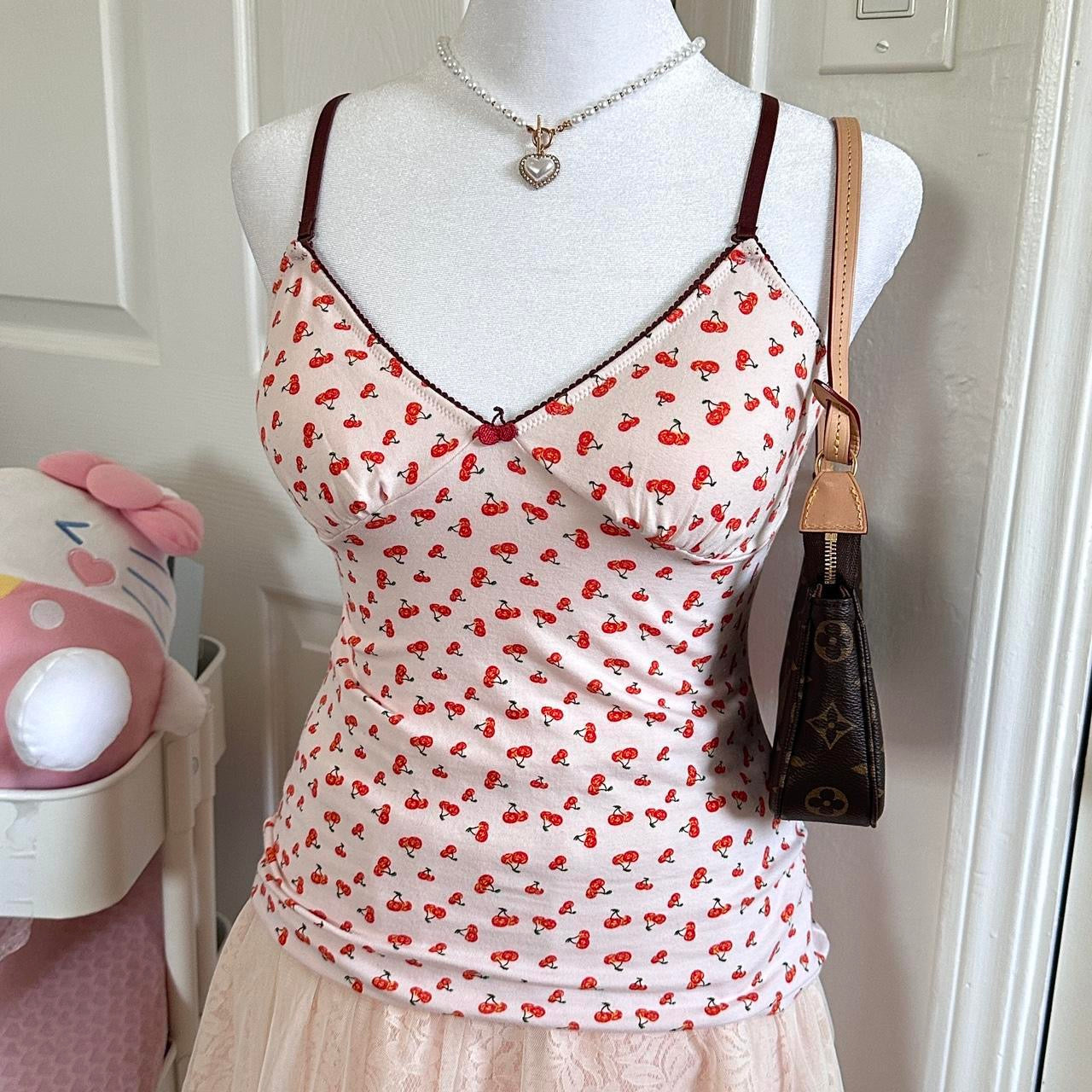 japanese pink & brown cherry print camisole ♡