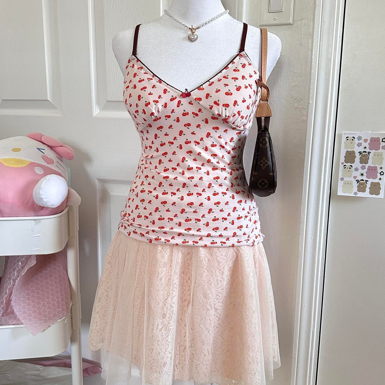 japanese pink & brown cherry print camisole ♡