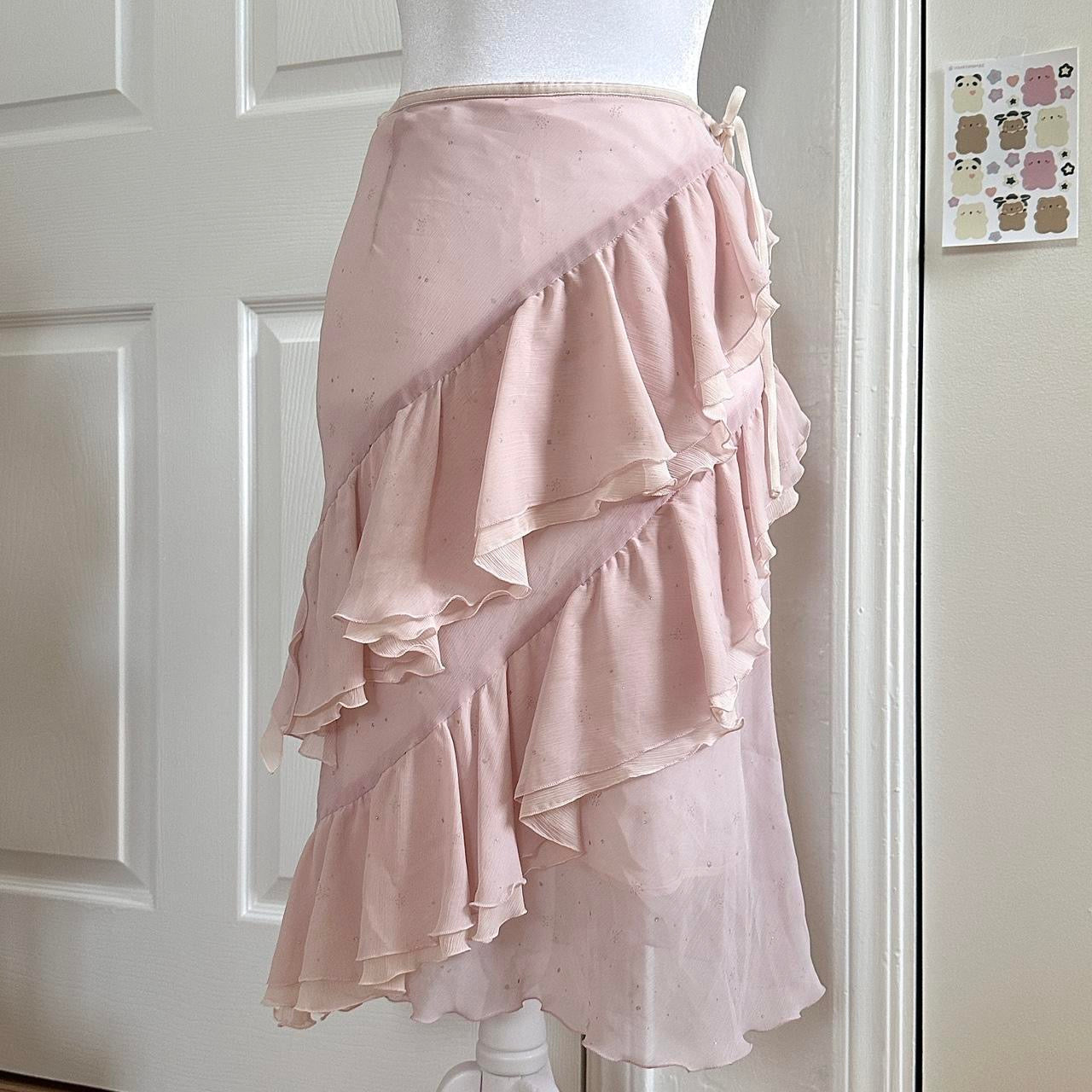 japanese pink asymmetrical ruffle midi skirt ♡