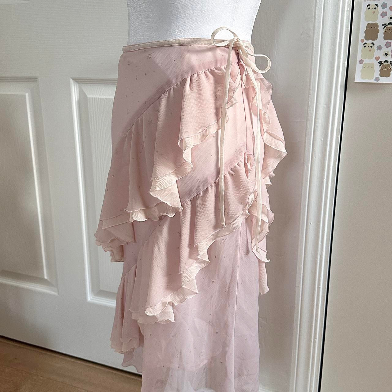 japanese pink asymmetrical ruffle midi skirt ♡