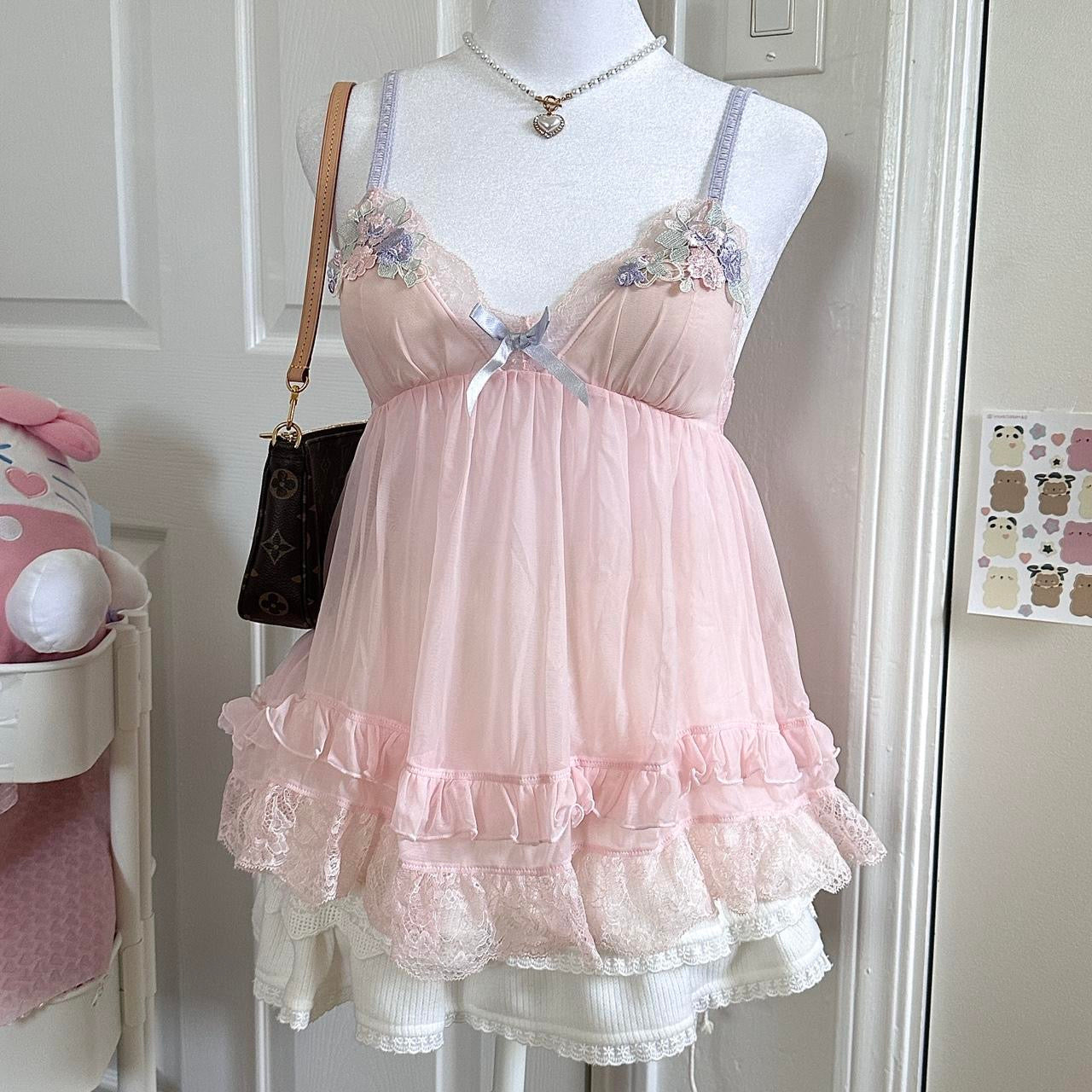 japanese pink babydoll flower lace camisole ♡