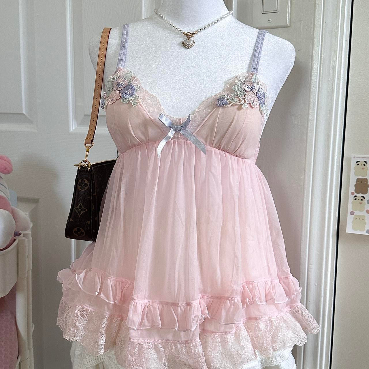 japanese pink babydoll flower lace camisole ♡