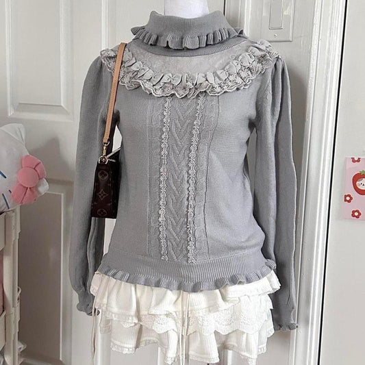 muted blue ribbed ruffled turtleneck sweater ♡
