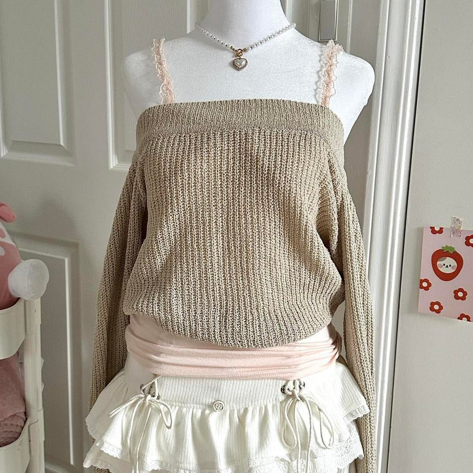 beige knitted off the shoulder trumpet sleeve knit sweater ☆