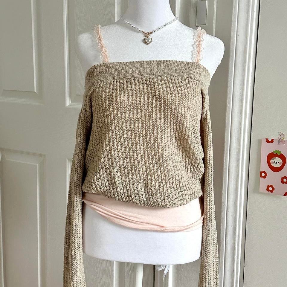 beige knitted off the shoulder trumpet sleeve knit sweater ☆