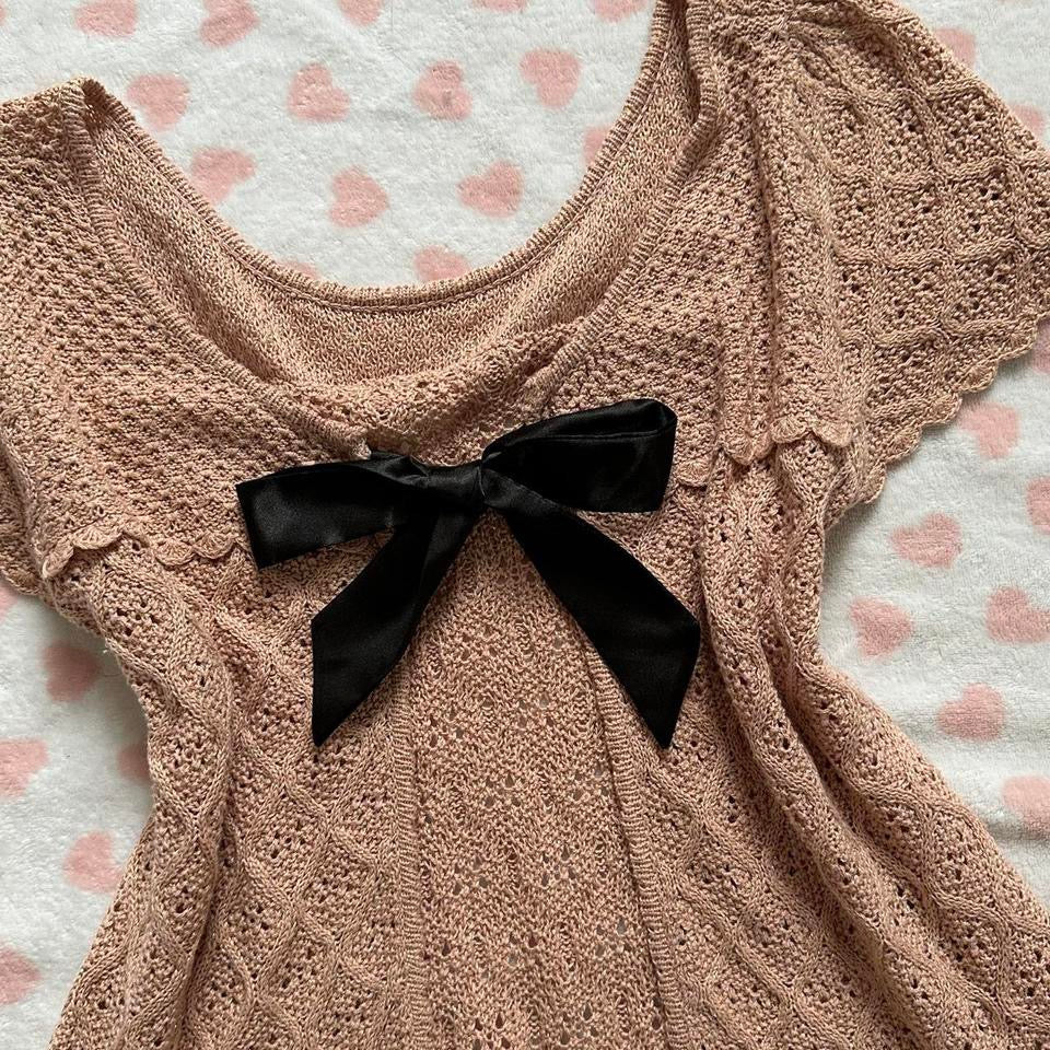 maroon iridescent eyelet knitted black ribbon cardigan ☆