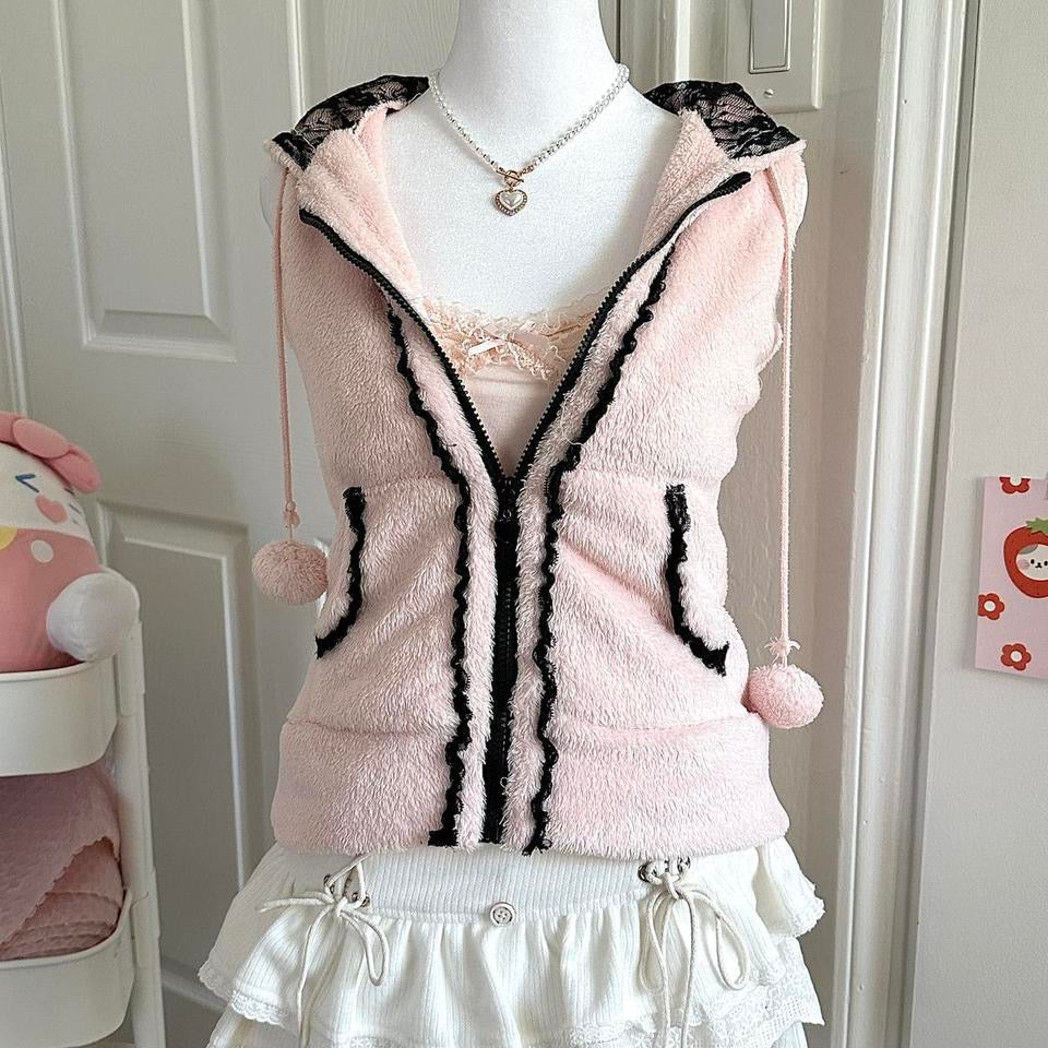 cutest pink fluffy black lace hooded pom pom zip up vest